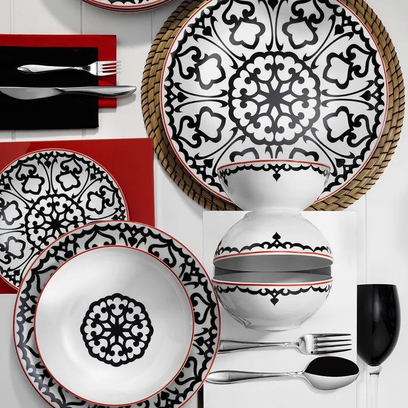 Serviciu de masa, 24 piese, Portelan, Alb - Negru - Negru