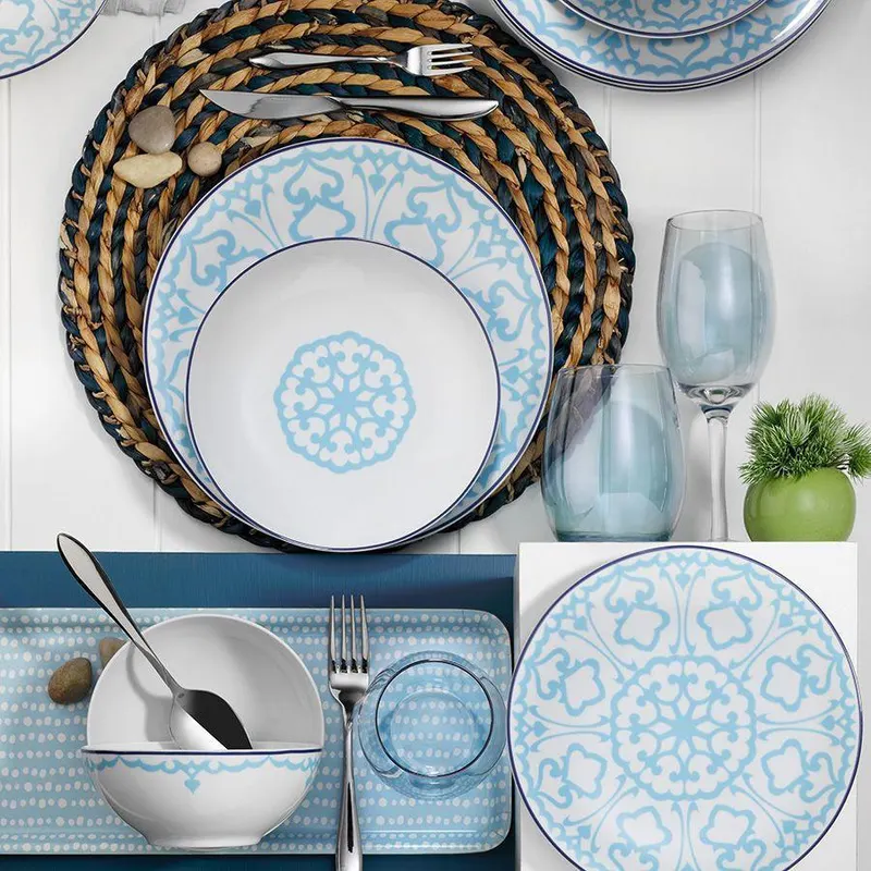 Serviciu de masa, 24 piese, Portelan, Alb - Blue - Albastru
