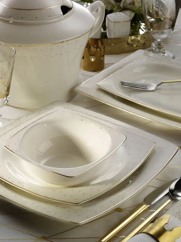 Set de veselă pătrată din platină 62 buc pentru 12 persoane, Alb - Alb