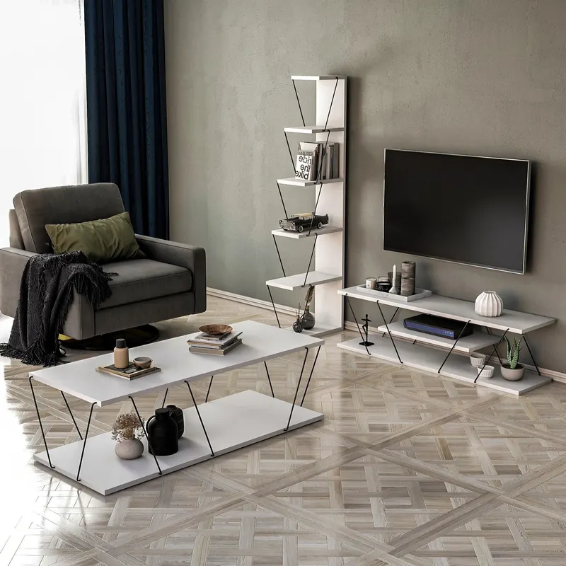 Set Mobila Sufragerie Epsilon, Alb - Galben - Gri - Stejar, 3 piese - Alb