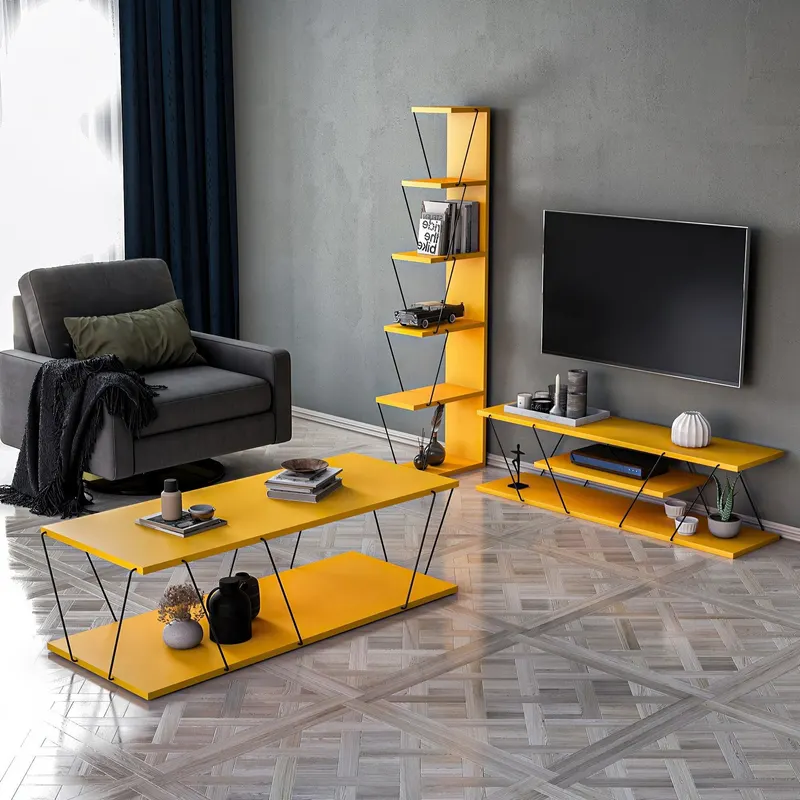Set Mobila Sufragerie Epsilon, Alb - Galben - Gri - Stejar, 3 piese - Galben
