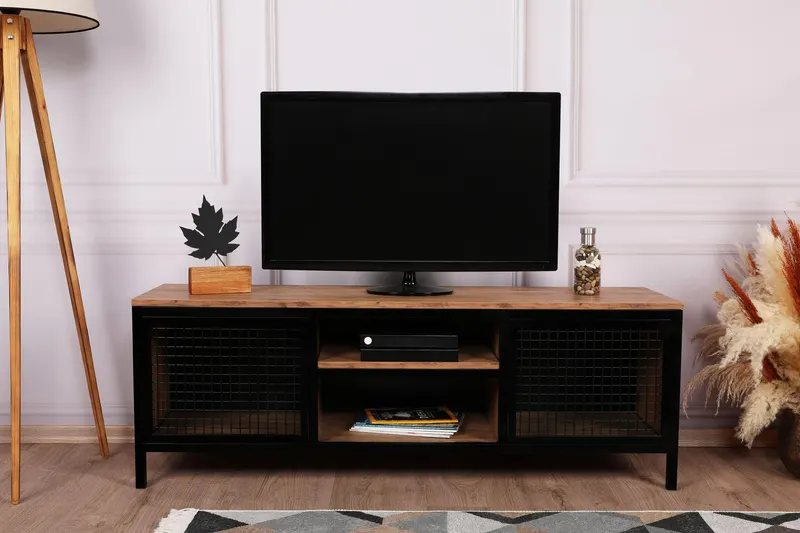 Comoda Tv Zeno usa metalica si rafturi, Stejar, 150 x 47 x 40 cm - Stejar