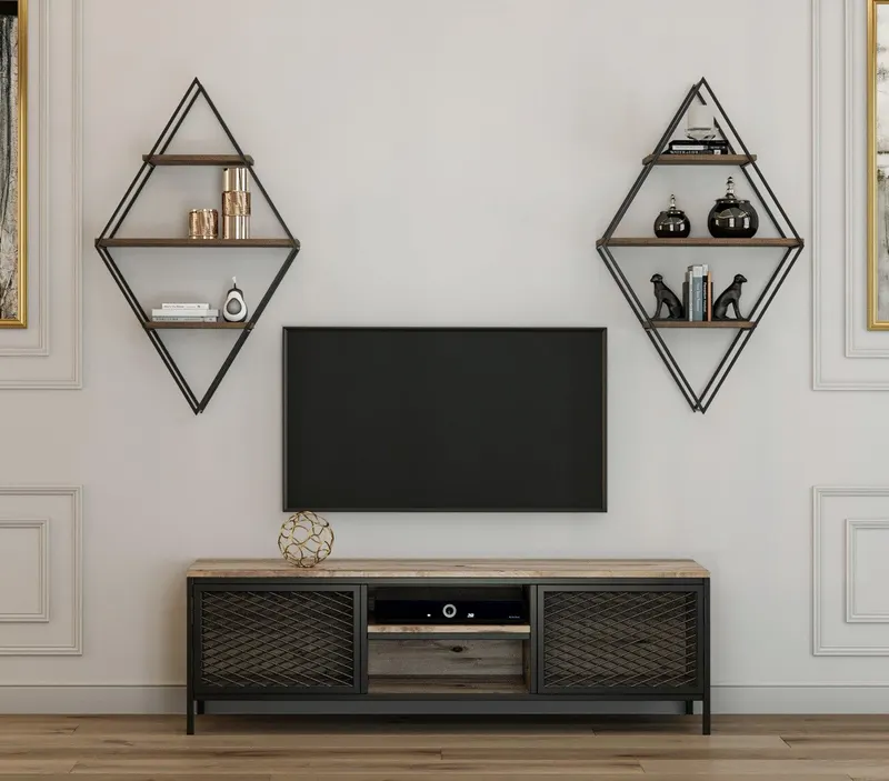 Set mobila Tv Comets Prizma Comoda si Rafturi, Stejar, 150 x 47 x 40 cm - Stejar