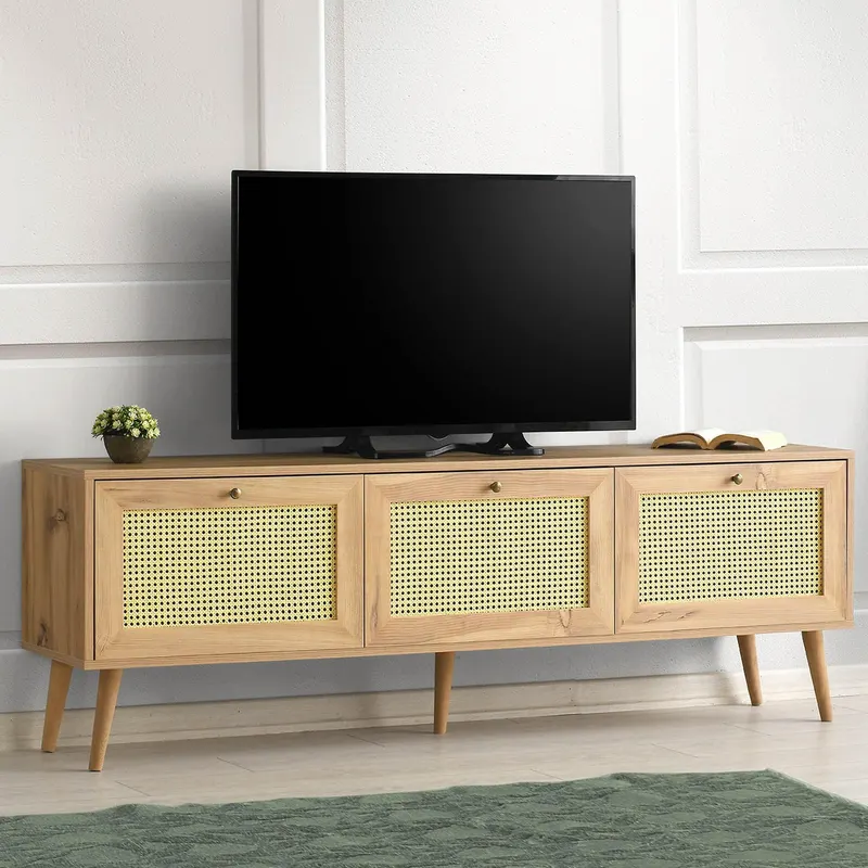 Comoda Tv  Likya 3 compartimente Scandinav, Crem, 180 x 60 x 40 cm - Crem