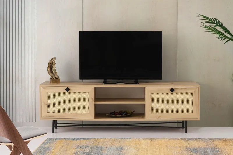 COMODA TV Begonya cu 2 compartimente si 2 rafturi, Crem, 180 x 60 x 40 cm - Crem