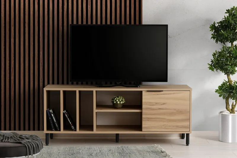 Comoda Tv cu rafturi Gordes - Dark Brown, Stejar - Maro , 140x55x40 cm - Stejar
