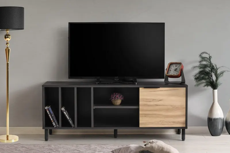 Comoda Tv cu rafturi Gordes - Dark Brown, Stejar - Maro , 140x55x40 cm - Maro