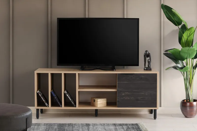 Comoda Tv cu rafturi Gordes - Dark Brown, Stejar - Maro , 140x55x40 cm - Lemn Natural