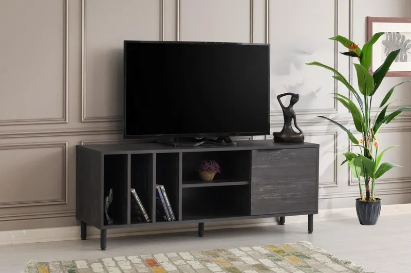 Comoda Tv cu rafturi Gordes - Dark Brown, Stejar - Maro , 140x55x40 cm - Sonoma