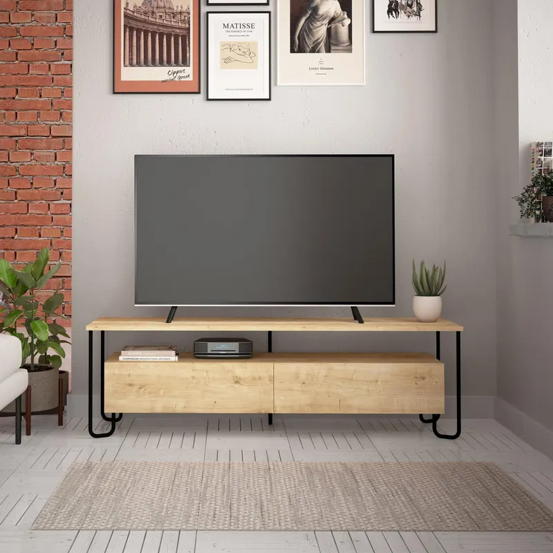 Comoda Tv Karam cadru metal cu 2 usi, Stejar, 150 x 45 x 42 cm - Stejar
