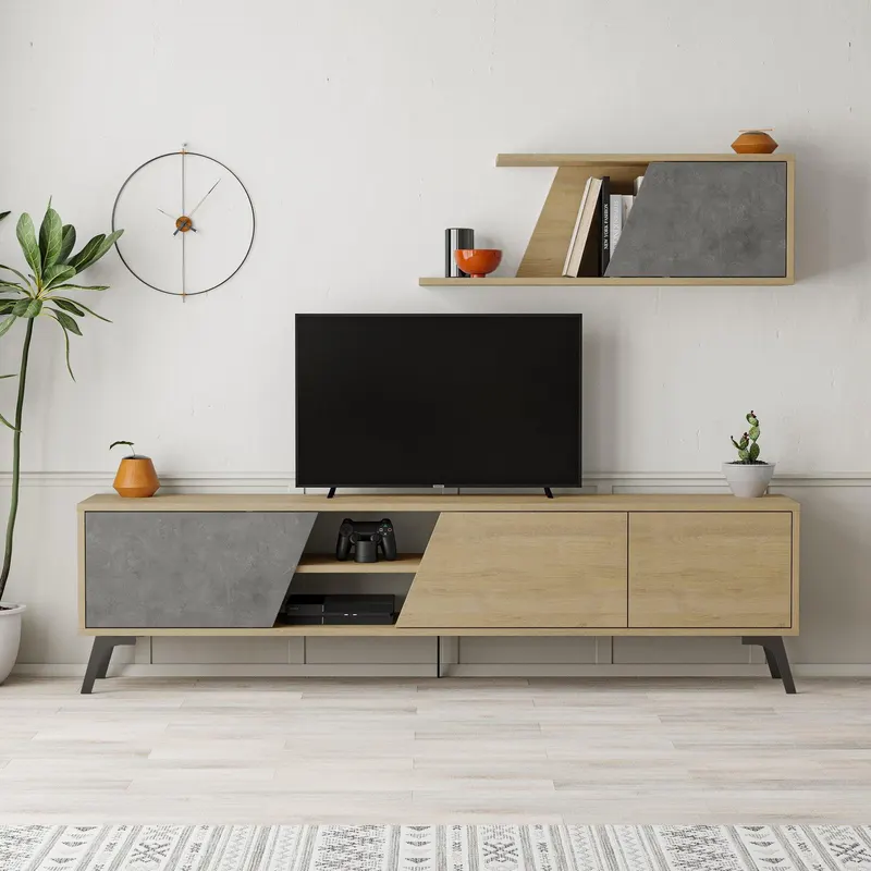 Comoda Tv Copenhag cu biblioteca si usi, Stejar, 180 x 48 x 36 cm - Stejar