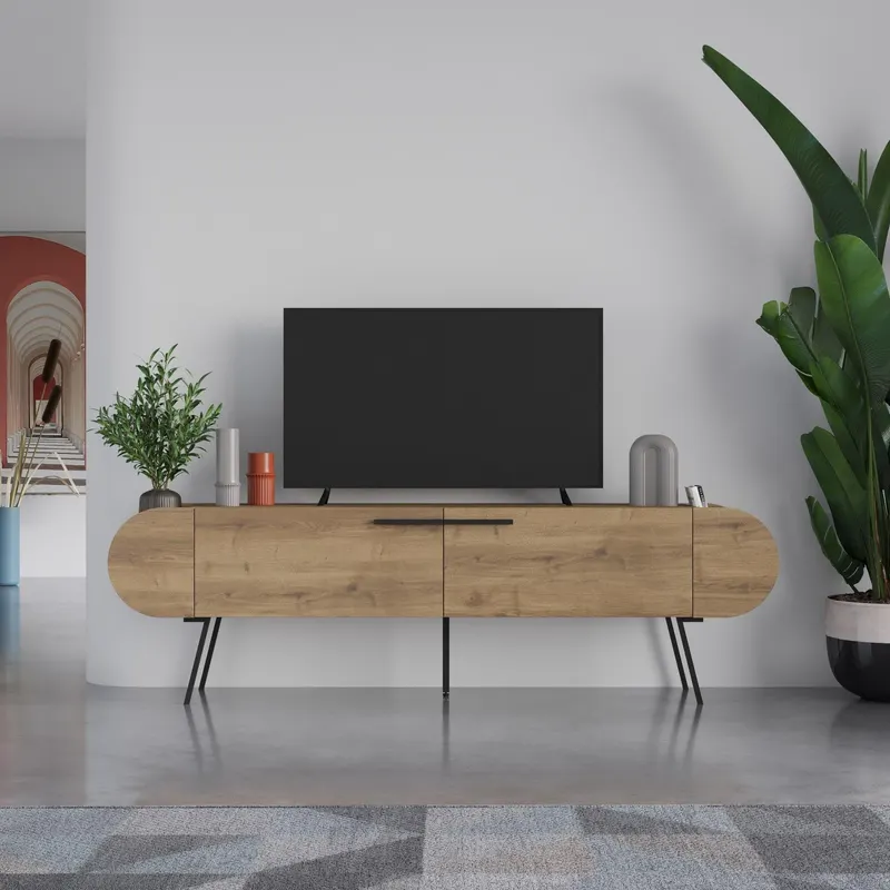 Comoda Tv Malmo Stil Scandinav cu 2 usi si rafturi, 195x37.4x57.5 cm - Lemn Natural