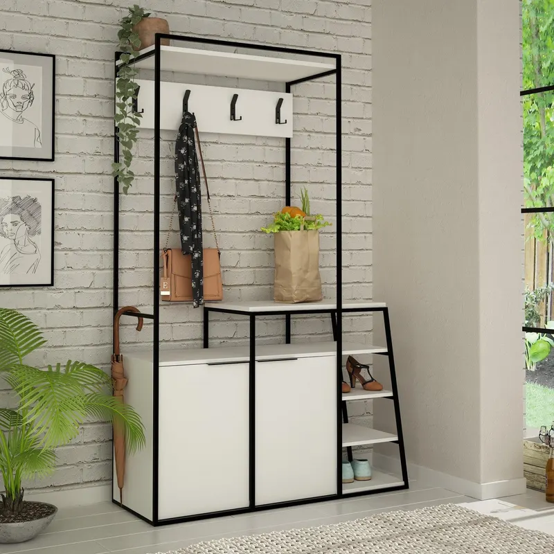 Cuier cu pantofar Pall  cu 2 Usi si Rafturi, 116 x 180 x 38 cm - Alb