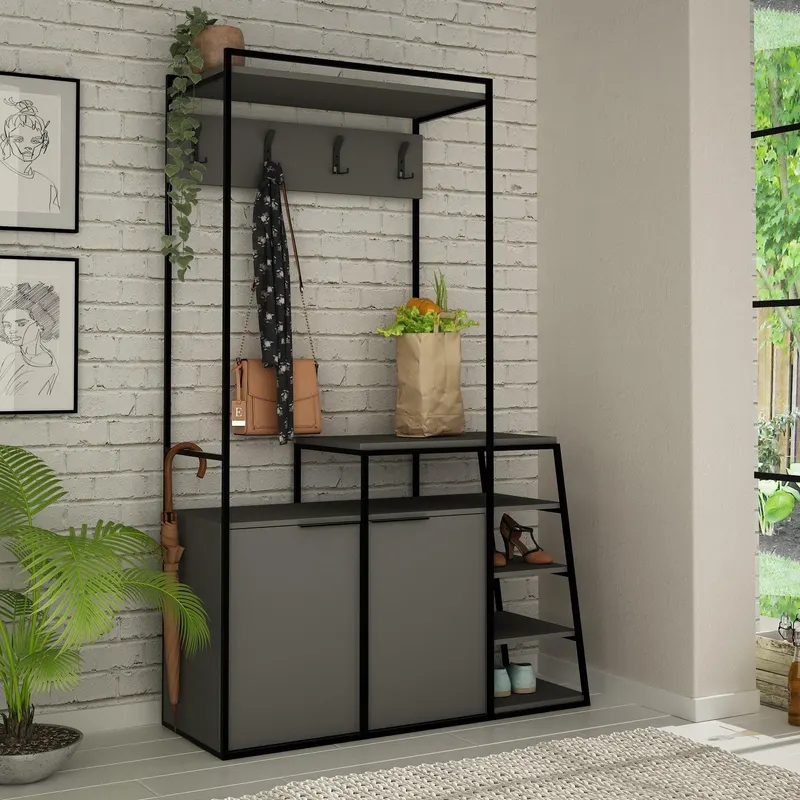 Cuier cu pantofar Pall  cu 2 Usi si Rafturi, 116 x 180 x 38 cm - Antracit