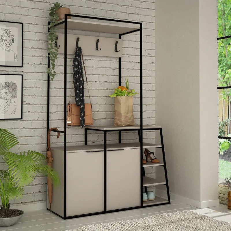 Cuier cu pantofar Pall  cu 2 Usi si Rafturi, 116 x 180 x 38 cm - Crem
