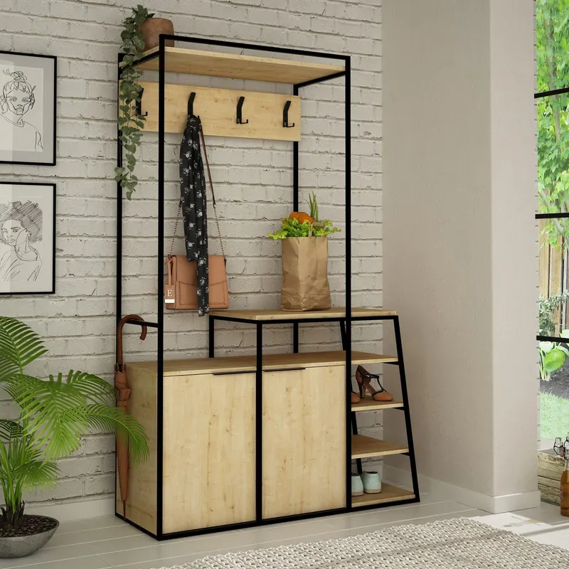 Cuier cu pantofar Pall cu 2 Usi si Rafturi, 116 x 180 x 38 cm - Stejar