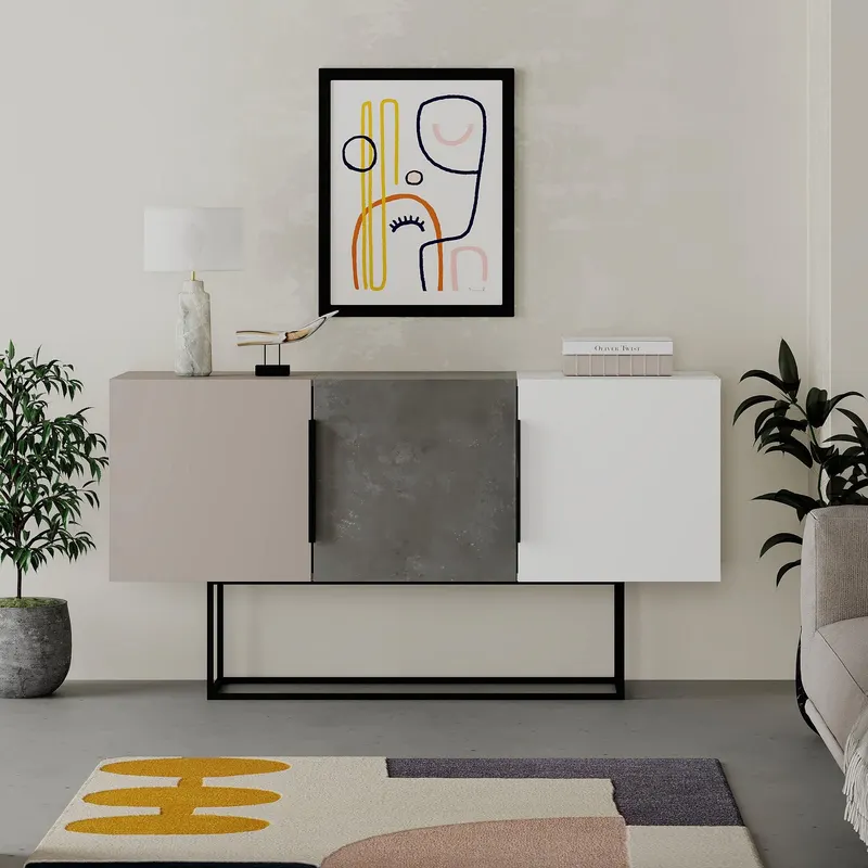 Consola Merve cu 3 usi si picior metal, Design Tricolor, Gri, 150 x 80 x 42 cm - Crem