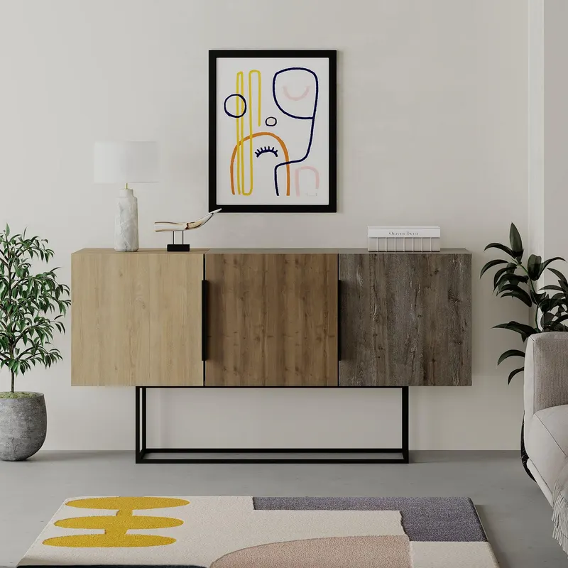 Consola Merve cu 3 usi si picior metal, Design Tricolor, Gri, 150 x 80 x 42 cm - Stejar