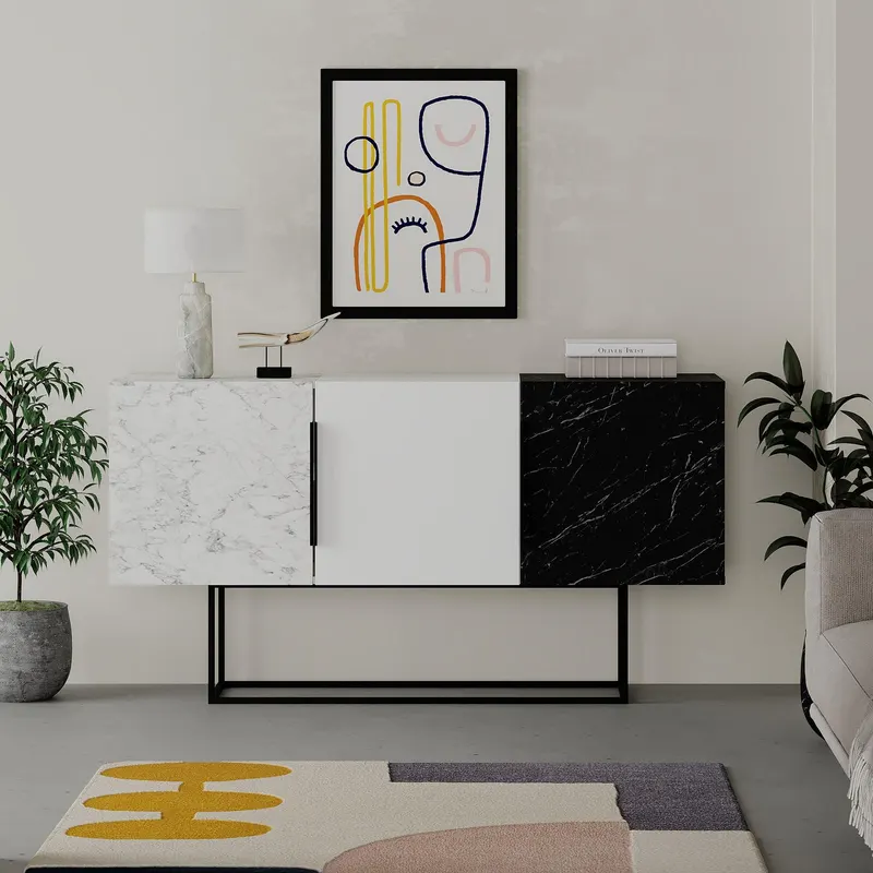 Consola Merve cu 3 usi si picior metal, Design Tricolor, Gri, 150 x 80 x 42 cm - Alb