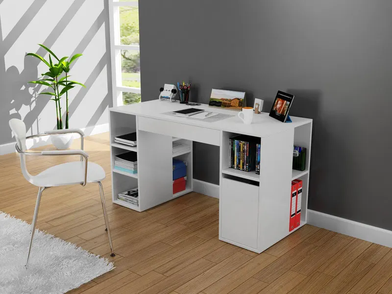 Birou cu rafturi Elmas, Alb, 145x60x74 cm - Alb