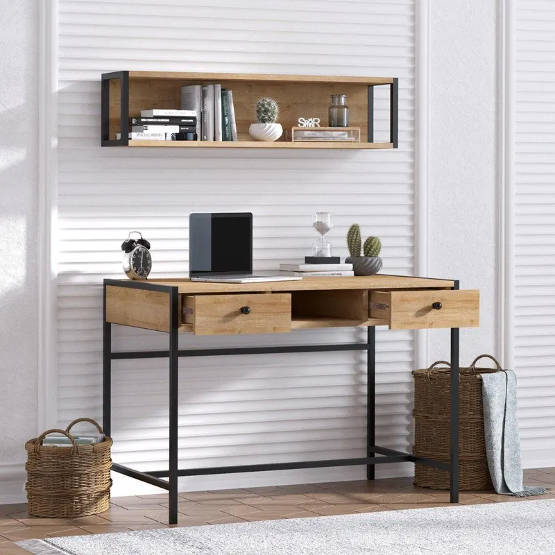 Birou Pena cu Biblioteca, Stejar - Negru, 100 x 72 x 60 cm - Lemn Natural