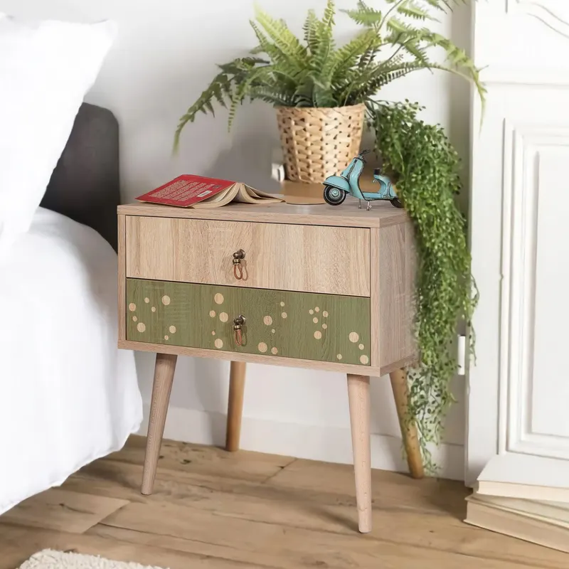 Noptiera City Two Nightstand cu 2 Sertare, Multicolor, 60 x 61 x 40 cm - Verde deschis