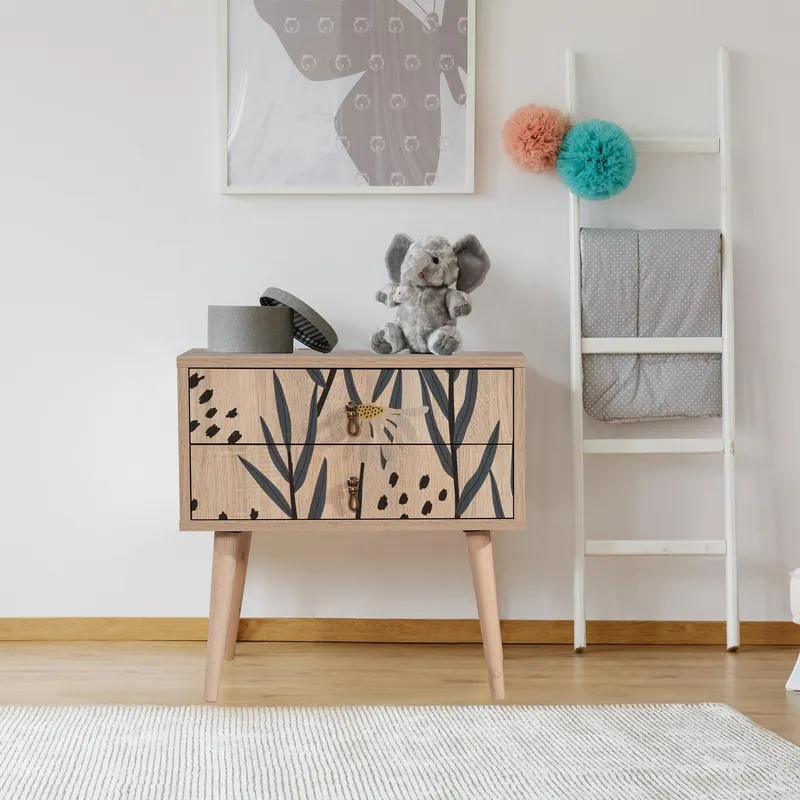 Noptiera City Two Nightstand cu 2 Sertare, Multicolor, 60 x 61 x 40 cm - Gri Stejar