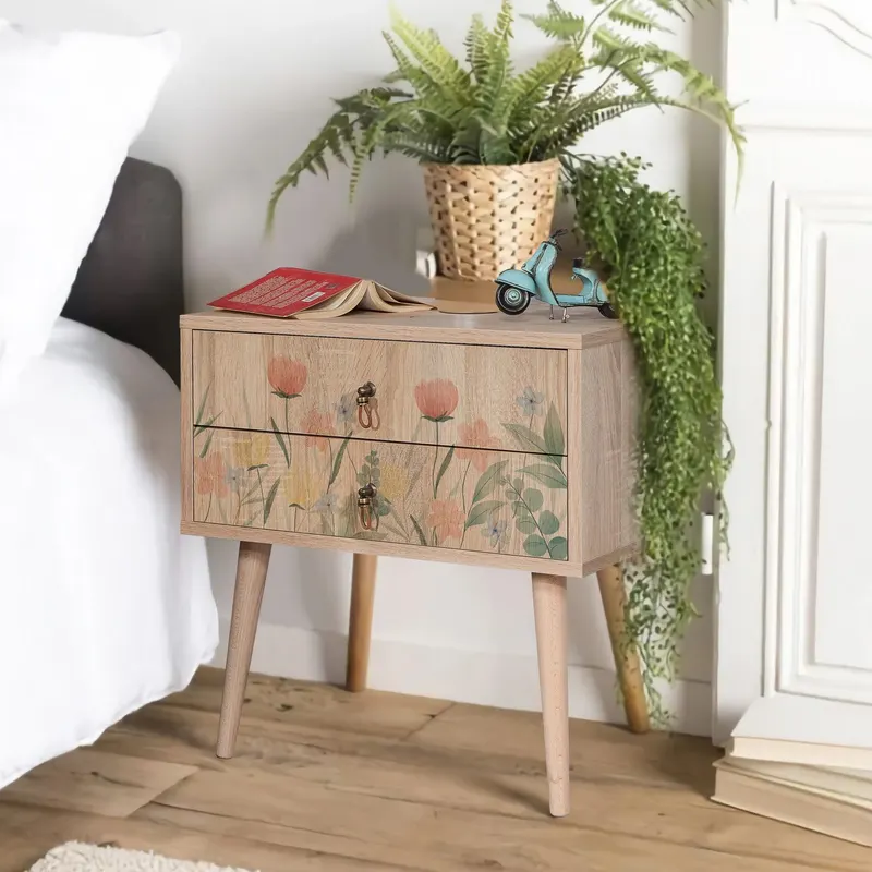 Noptiera City Two Nightstand cu 2 Sertare, Multicolor, 60 x 61 x 40 cm - Floral