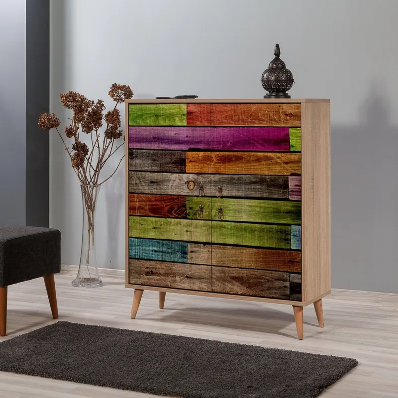 Comoda Multilux cu 2 usi, Stejar / Multicolor, 95 x 36 x 111 cm - Stejar