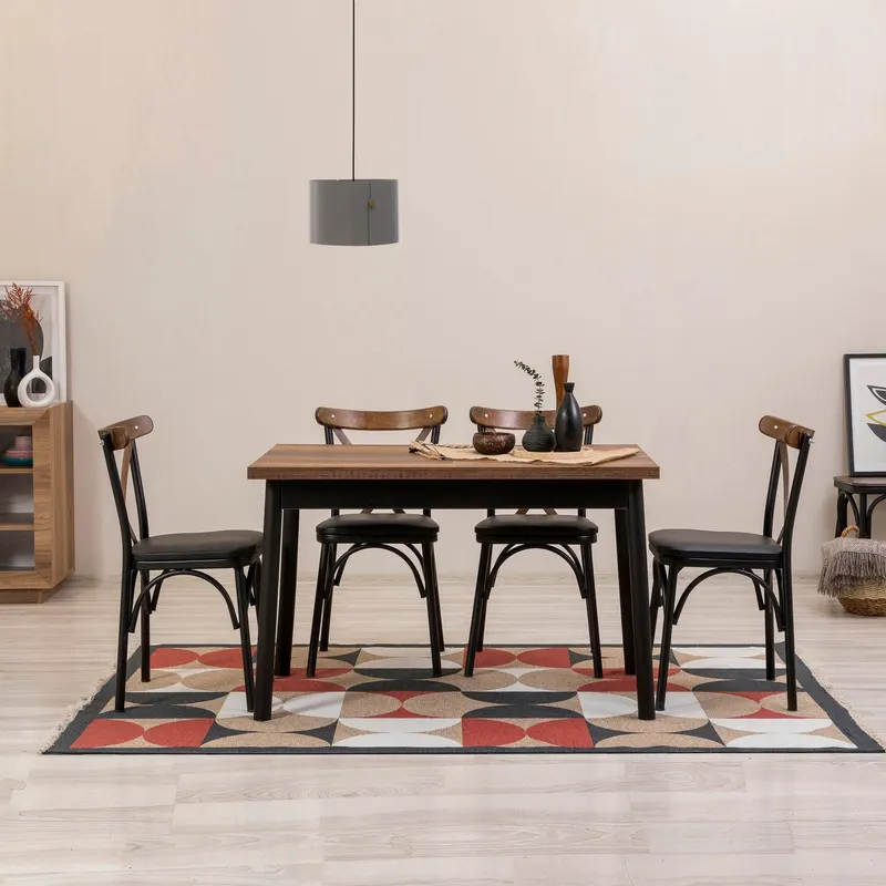 Set masă și scaune (5 bucăți) OLVER SBT BAROK-BLACK Table & Chairs Set  9, Negru, 77x75x120 cm - Negru