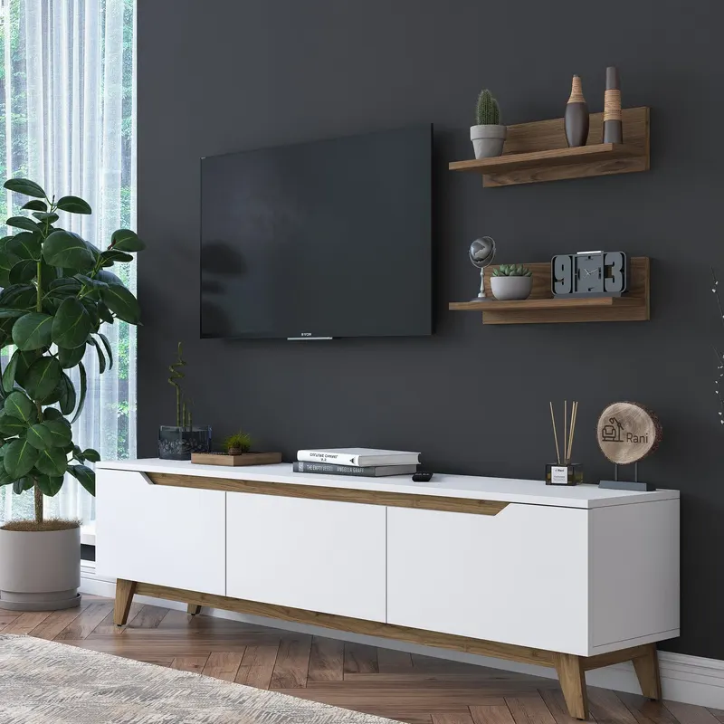 Comoda Tv Altay 3 compartimente cu rafturi, Alb, 180 x 49 x 35 cm - Alb