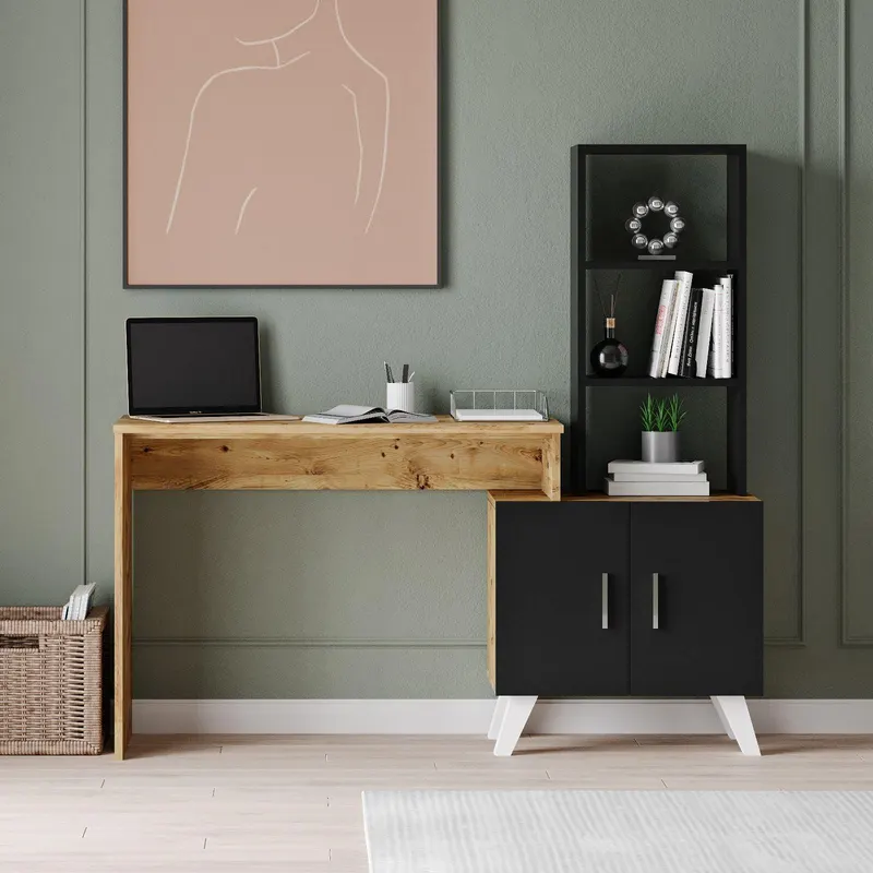 Birou cu biblioteca Ombra, Negru - Stejar, 150 x 138 x 45 cm - Stejar