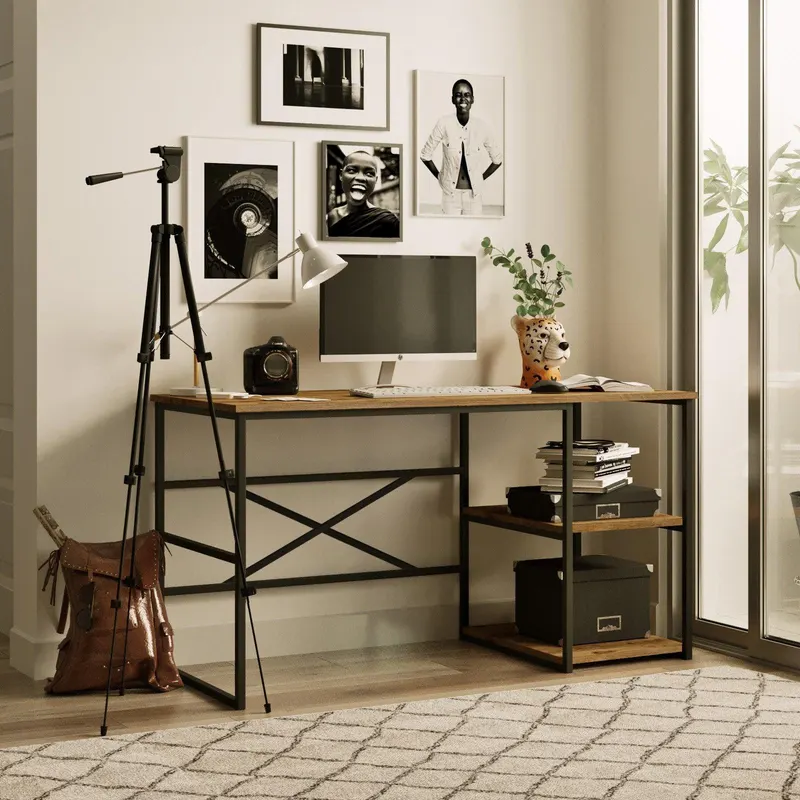 Birou Monobra Smart cu 2 rafturi, Stejar, 42x60x75 cm - Lemn Natural