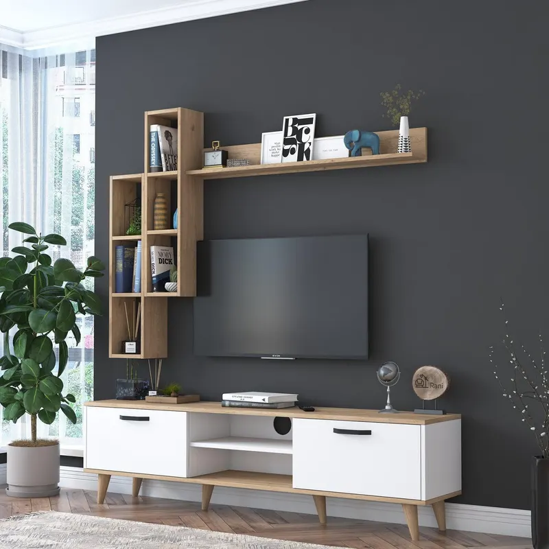 Comoda Tv Gaga cu Biblioteca, Alb - Nuc, 180 X 48 X 35 Cm - Nuc