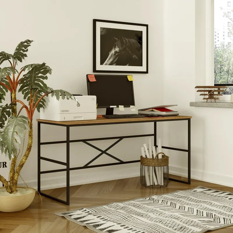 Birou Eflat Max cadru metal, Stejar, 160 x75 x 60 cm - Lemn Natural