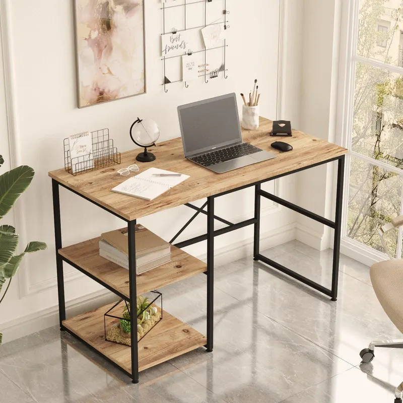 Birou Dario cadru metal cu rafturi Stanga, Negru -Stejar, 120 x 75 x 60 cm - Stejar