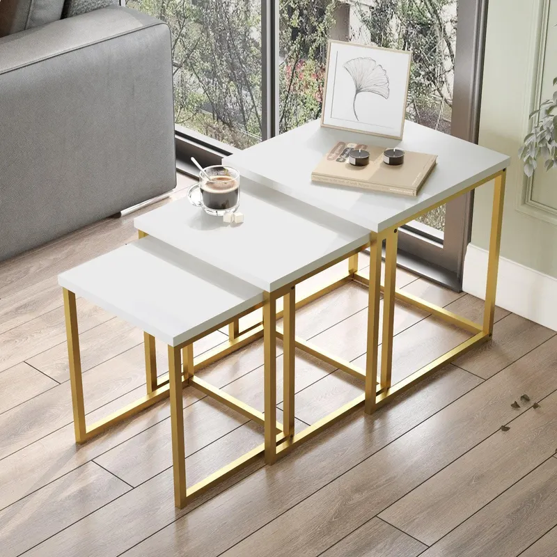 Set 3  Masute de Cafea Eylul, Alb - Negru - Aur, 40 x 42 x 40 - 35 x 39 x 35 - 40x40x41.8 cm - Alb