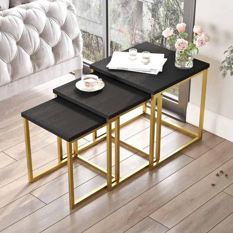 Set 3  Masute de Cafea Eylul, Alb - Negru - Aur, 40 x 42 x 40 - 35 x 39 x 35 - 40x40x41.8 cm - Negru