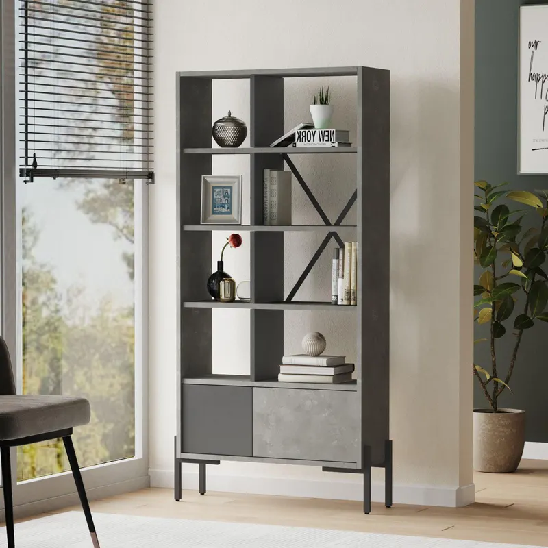 Biblioteca Kalika cu 2 usi si 5 rafturi, 80 x 160 x 26 cm - Gri