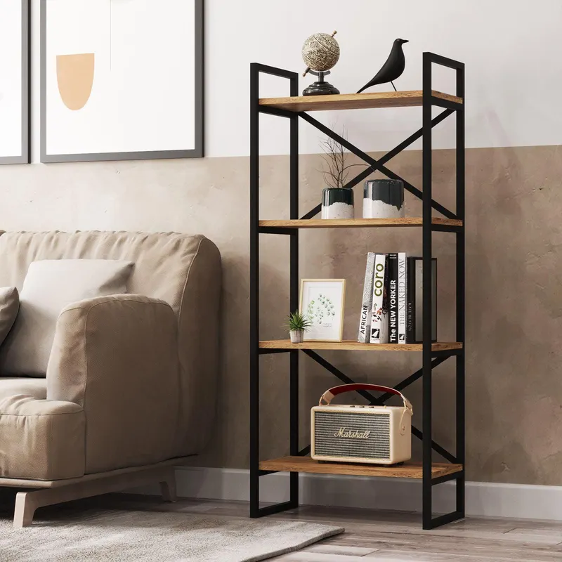 Biblioteca Mediu cadru metalic cu 4 rafturi, Stejar, 58 x 138 x 30 cm - Stejar