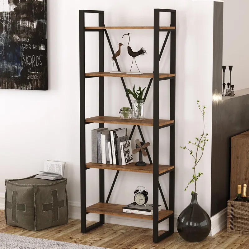Biblioteca Booking cadru metal cu 5 rafturi, Stejar, 69 x 180 x 34 cm - Lemn Natural