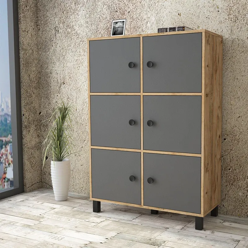 Dulap Multifunctional Jowari cu 6 Usi, Gri - Negru - Lemn Natural, 96 x 138 x 40 cm - Gri