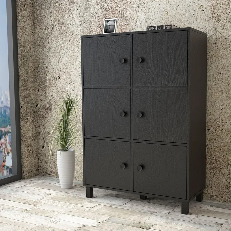 Dulap Multifunctional Jowari cu 6 Usi, Gri - Negru - Lemn Natural, 96 x 138 x 40 cm - Negru