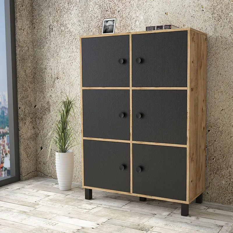 Dulap Multifunctional Jowari cu 6 Usi, Gri - Negru - Lemn Natural, 96 x 138 x 40 cm - Lemn Natural