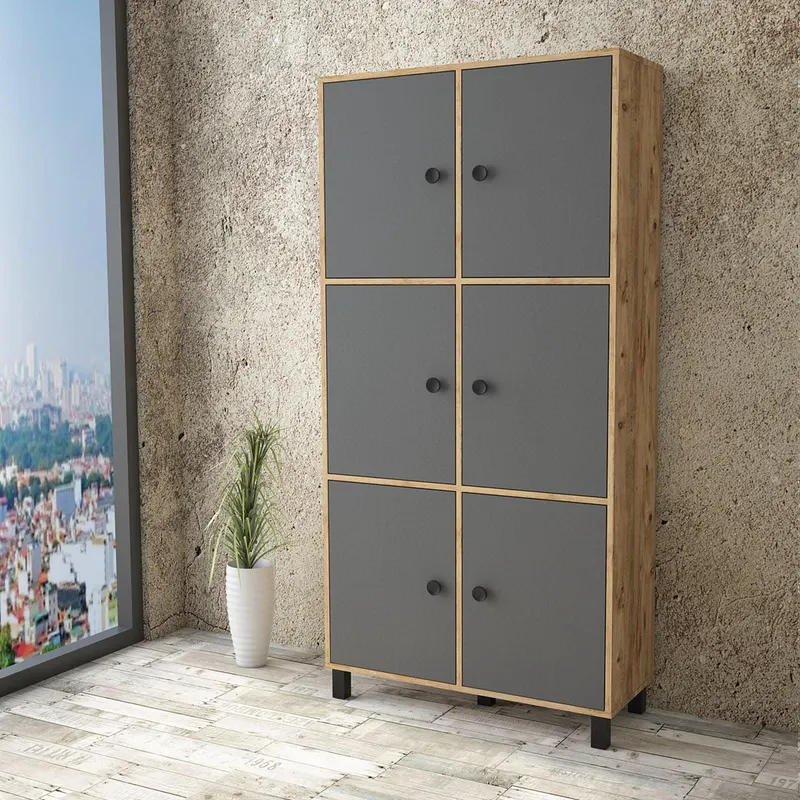 Dulap Multifunctional Birou - Dormitor Simuroom cu 6 usi, 96 x 40 x 197 cm - Gri