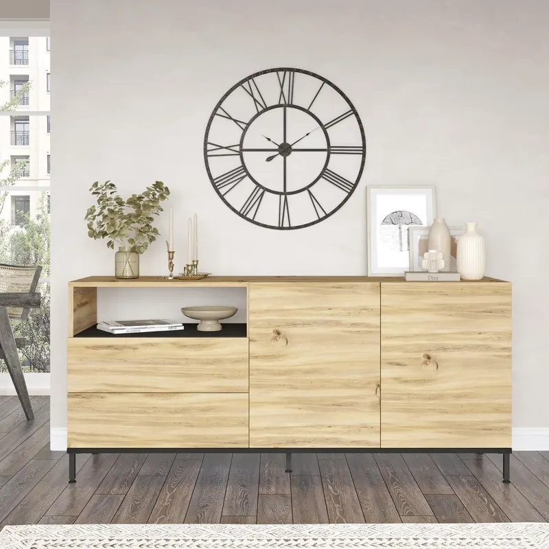 Consola Magnum 2 usi si sertare Scandinav, Stejar - Gri, 171 x 76 x 47 cm - Stejar