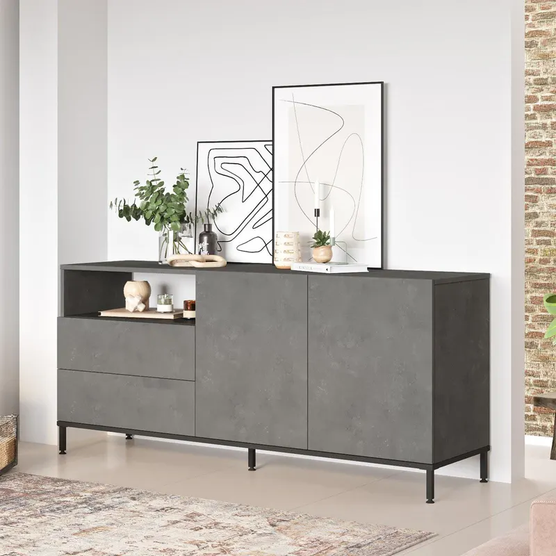 Consola Magnum 2 usi si sertare Scandinav, Stejar - Gri, 171 x 76 x 47 cm - Gri
