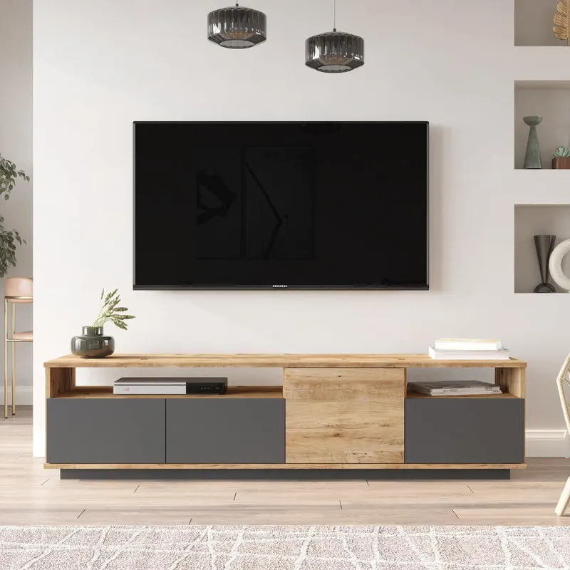 Comoda TV Zirvana 4 Compartimente si Rafturi, 180 x 45 x 45 cm - Gri