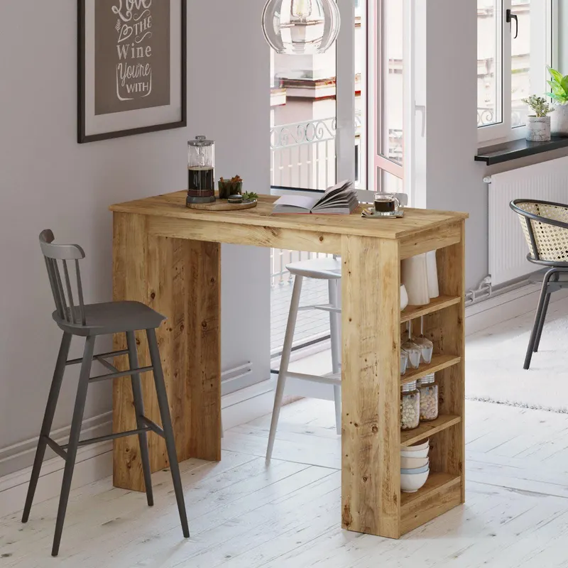 Masa Bucatarie Bar multifunctionala Wallo, Gri - Stejar - Alb - Negru, 120 x 102 x 52 cm - Stejar
