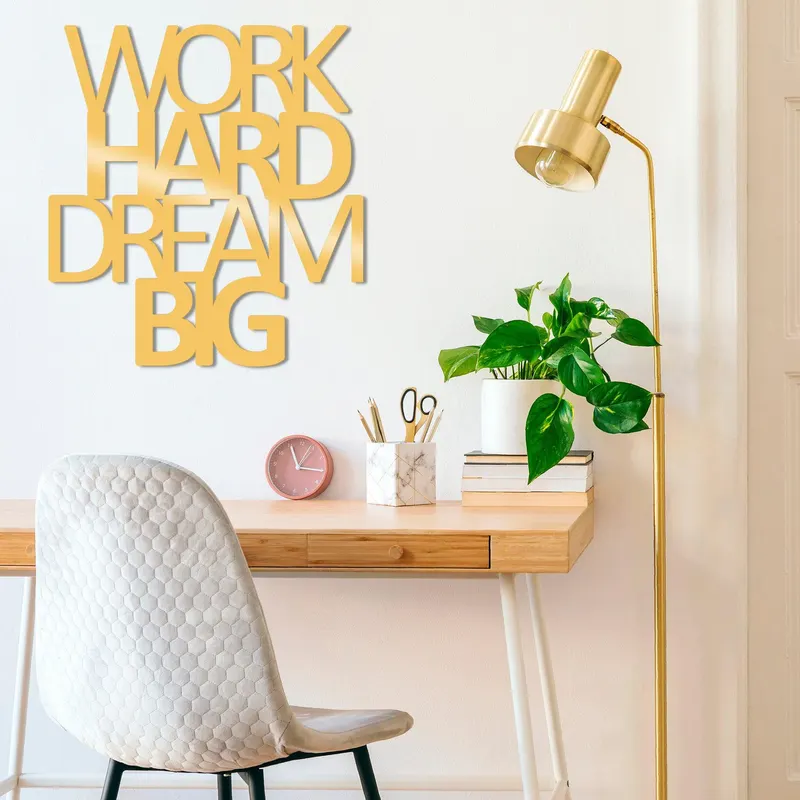 Decoratiune de perete Metal Work Hard Dream Big, 70x1x65 cm - Auriu